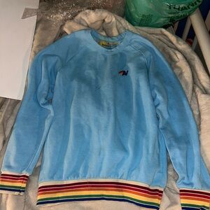 Aviator Nation Light Blue Sweater with Rainbow Accents